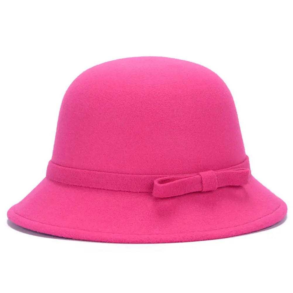

2019 Spring Fashion Women Wool Fedora Trilby Cloche Cap Bow Felt Wide Brim Bowler Bucket Hat