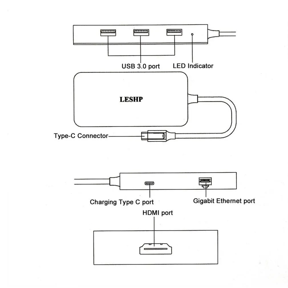 LESHP Aluminum White Type-c to USB-3.0 3 Port HUB RJ45 Gigabit HDMI 4K PD Charging Digital AV Conve