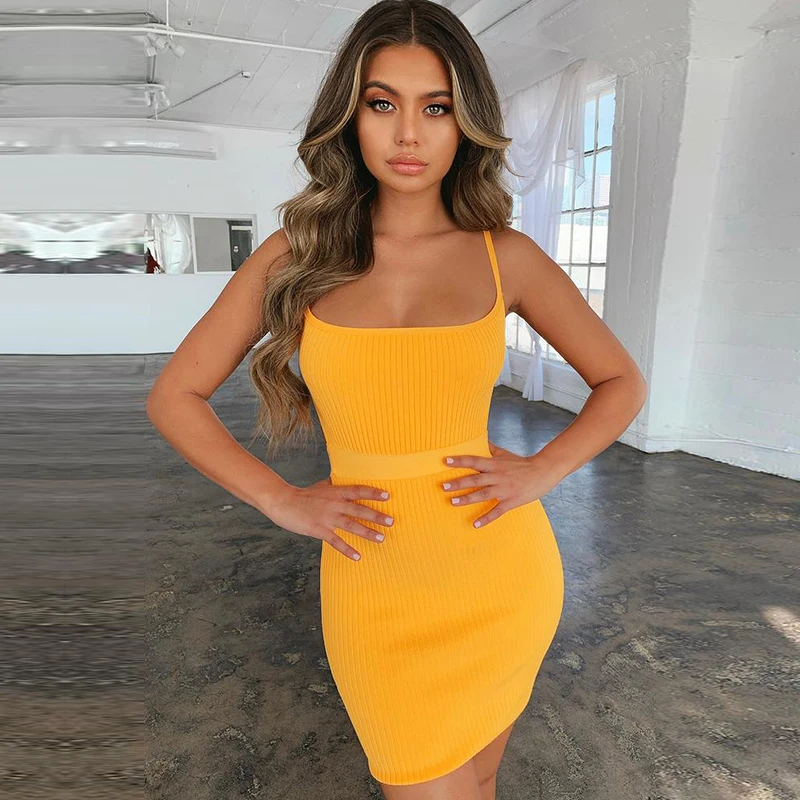 

Sexy Neon Night Club Badycon Bandage Dress for Women Yellow Black Spaghetti Strap Backless Short Wrap Summer Dress 2019 Vestidos