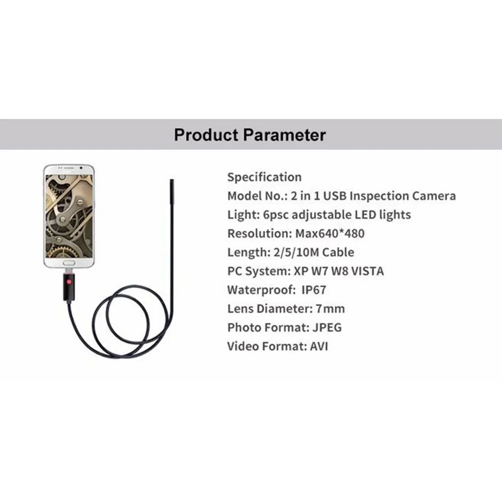 1PC 2 IN 1 USB Endoscope 7mm 10M 2MP Borescope Cable Probe Waterproof Inspection Borescope 6 LEDs USB Wire Snake Tube Camera