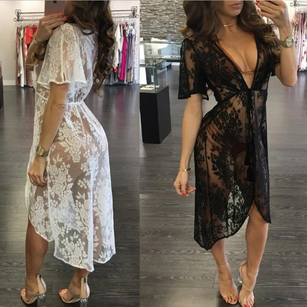Для женщин Пляжная одежда Бикини Cover Up повседневное Кардиган See Through кружево Весна