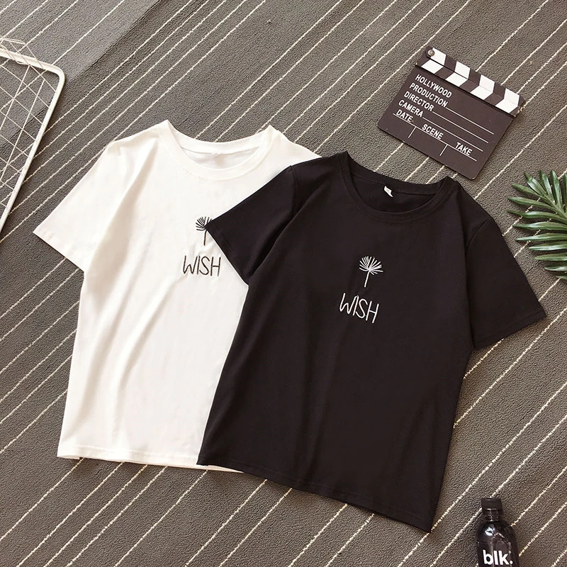 

2019 Women Tshirt Embroidery Cotton O-Neck Solid Tees Fashion Casual Tops Short Sleeve Summer T-shirt Black White