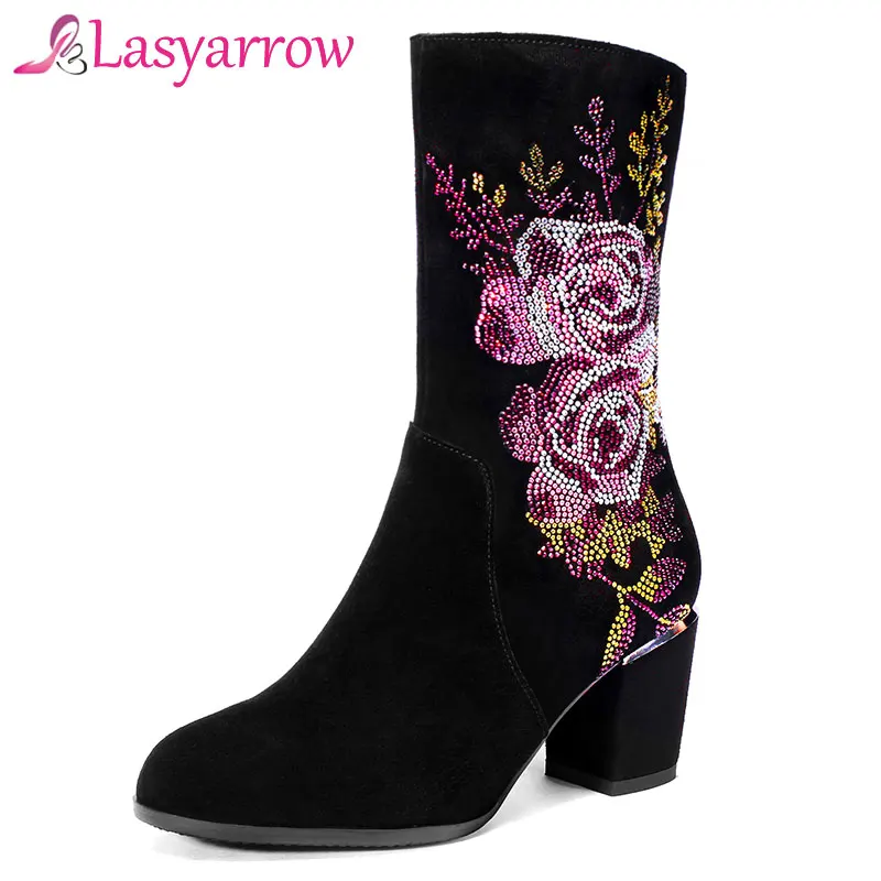 

Lasyarrow 2019 Autumn Cow Suede Genuine Leather Mid Calf Boots Women Plus Size High Heel Ladies Boots Crystal Floral Zipper Bota