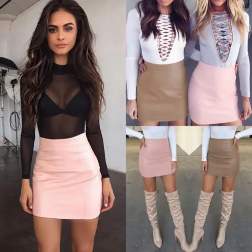 

Fashion Women Solid Color Ladies Sexy Bandage PU Leather High Waist Pencil Bodycon Ladies Short Mini Skirt Hot