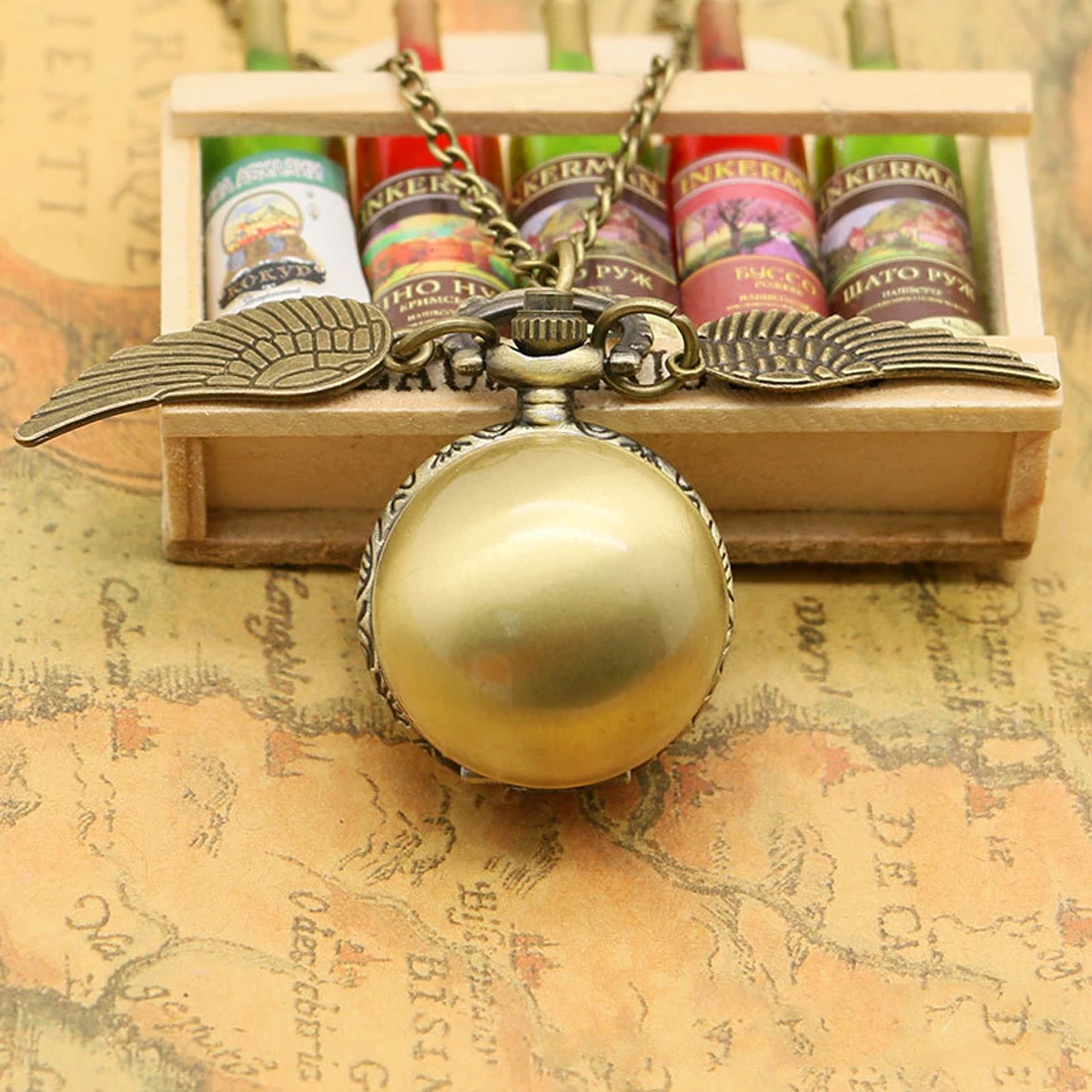 Antique Golden Quartz Pocket Watch Retro Pendant Clock Classic Pocket Necklace Gifts Kids Golden Ball Wing Pocket Watch
