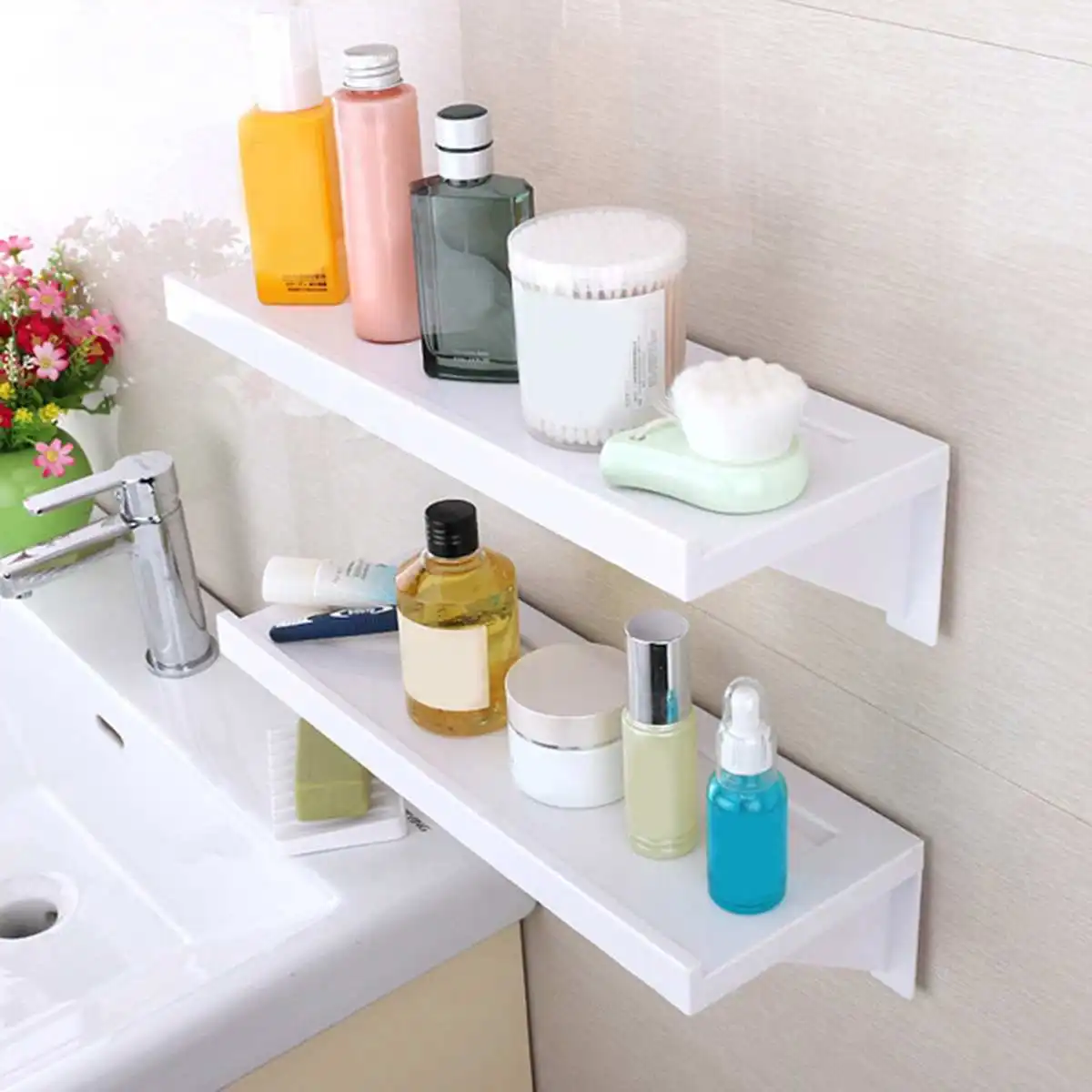 

Single Tier Suction Cup Bathroom Shelf Wall Rack Plastic Shower Caddy Organizer Holder Tray Kitchen Lotion Storage Rack