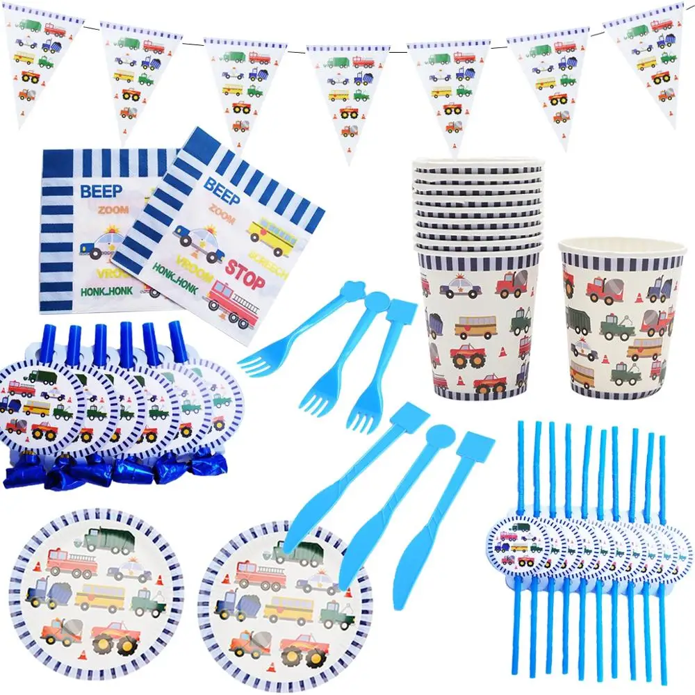 

Taoup Happy Birthday Party Table Decor Supplies Baby Truck Car Disposable Tableware Blue Tablecloth Cups Plates Banners Straws