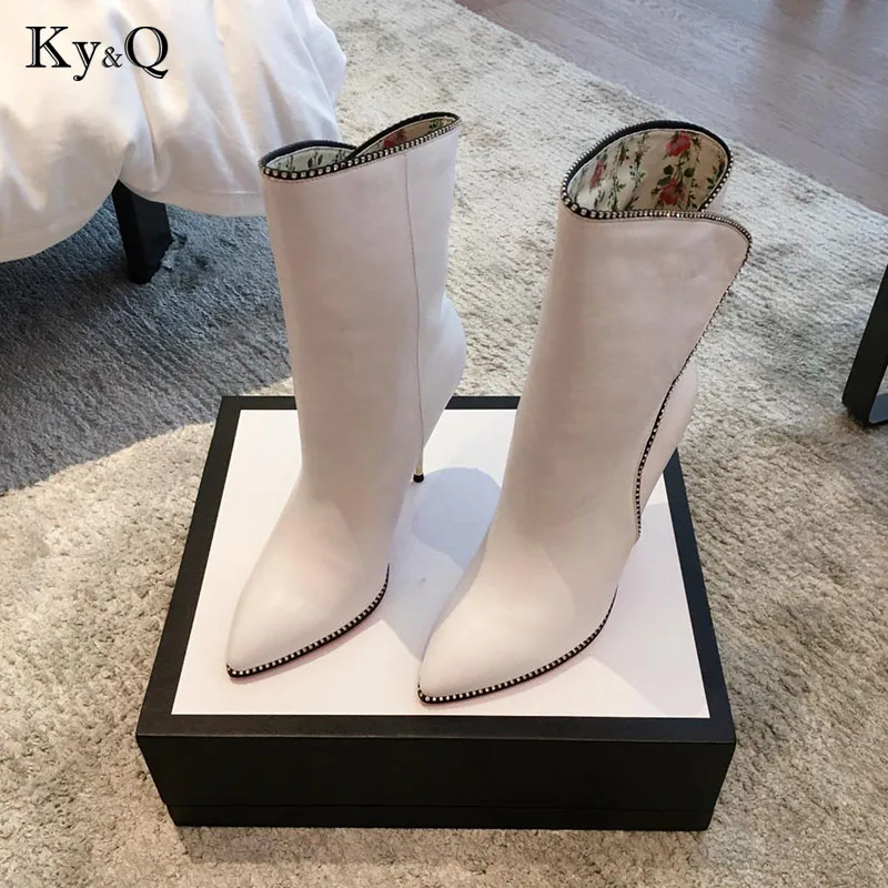 Feine white Stiefel Marke Aus Party Heel Leder Black Qualität Schuhe Spitz Neue Mode High Frauen Echtem FzwZz0qX