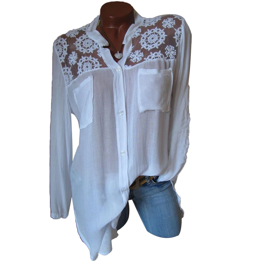 

Fashion Women V-Neck Cotton Blouse Tops Long Sleeve Lace Mesh Patchwork Baggy Shirts Ladies Loose Pockets Blouses Plus Size