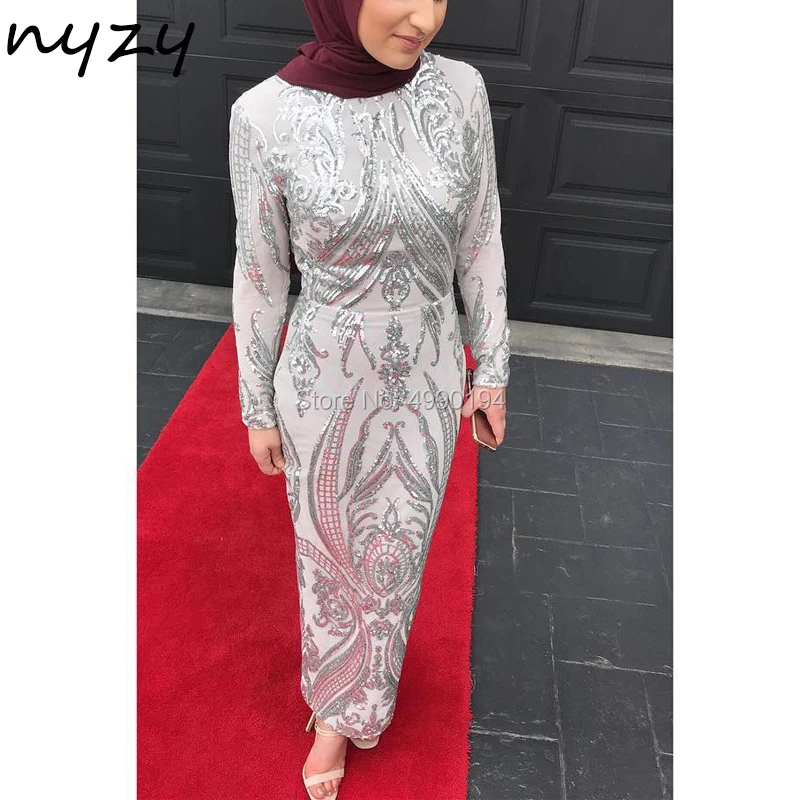 

NYZY MW1 Arabic Hijab Islam Muslim Evening Dress Long Sleeves Silver Mermaid Formal Dress Party Gown abiye elbisesi 2019