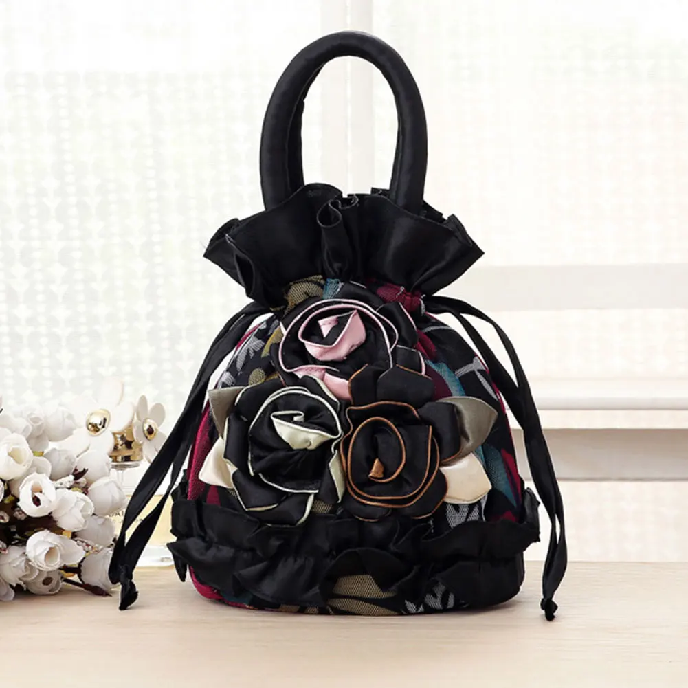 

Women Ethnic Top Handle Bucket Storage Vintage Pouch Lace Flower Handbag Drawstring Causal Tote