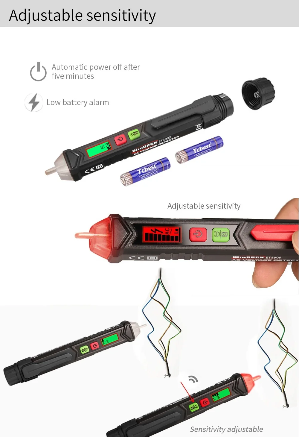 WINAPEX ET8900 бесконтактная ручка тестера напряжения интенсивность сигнала дисплей Чувствительность Регулируемая автоматическая ручка тестера напряжения детектор