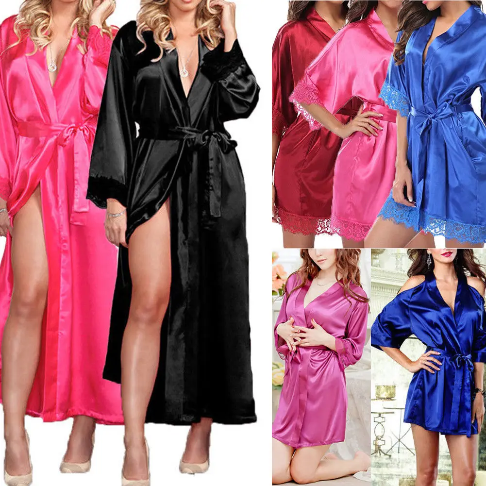 

Women Plain Satin Lace Robes Dressing Gown Bridal Wedding Bride Ladies Long Kimono Nightgowns Sleepwear Dress