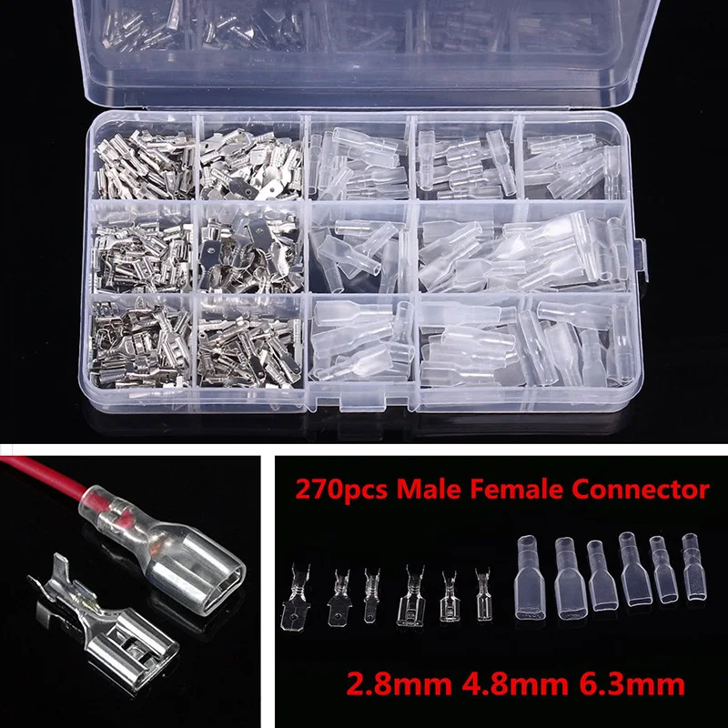

270pcs 2.8mm 4.8mm 6.3mm Male+Female Spade Crimp Terminal Connector Kit Auto Car