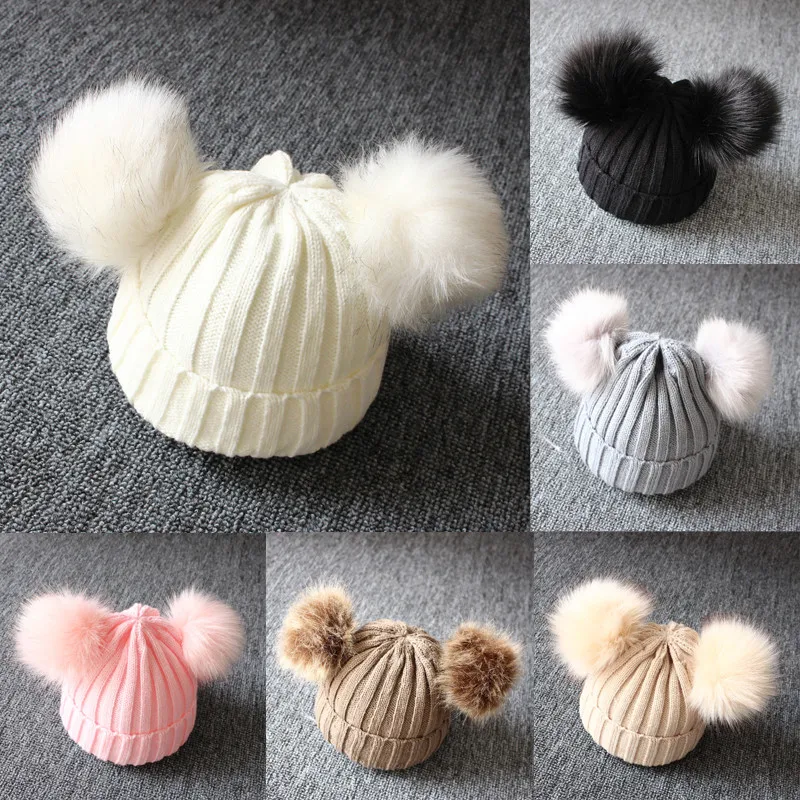 

New Winter Warm Baby Knit Hat Double Faux Fur Pom Pom Hats Boy Girls Natural Fur Ball Beanie Kids Caps Two Fur Pompoms Bonnets