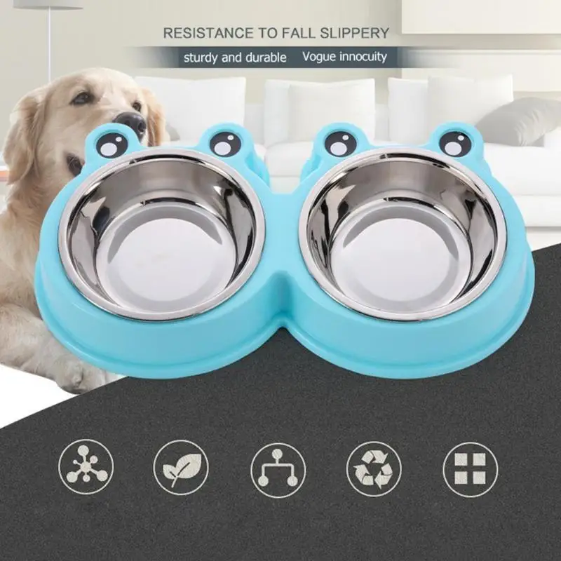 

Cartoon Frog Pets Double Bowls Puppy Dogs Cats Water Food Feeder Dishes