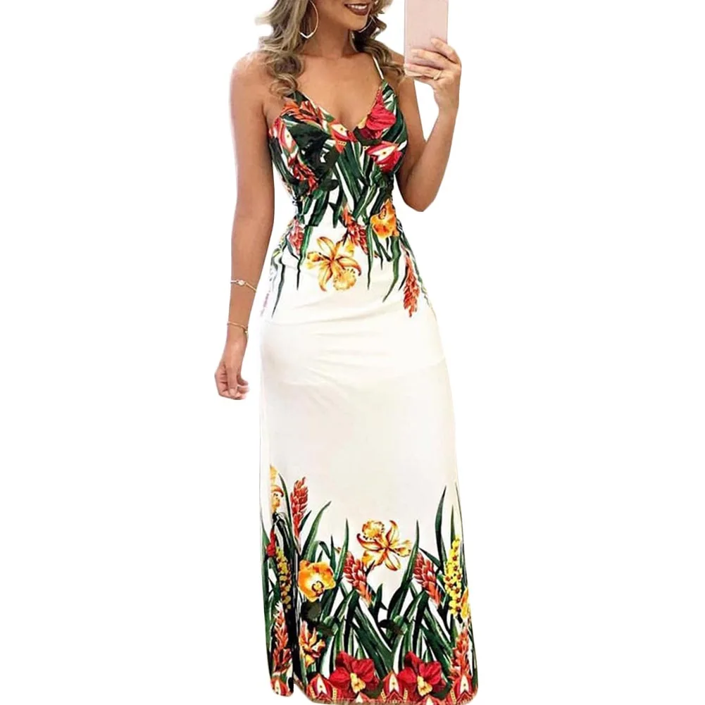 

New Fashion Women's Floral Long Maxi Dress Split Party Beach Sundress Strap Sexy V-Neck Dress Summer Sleeveless Bohemian Dress