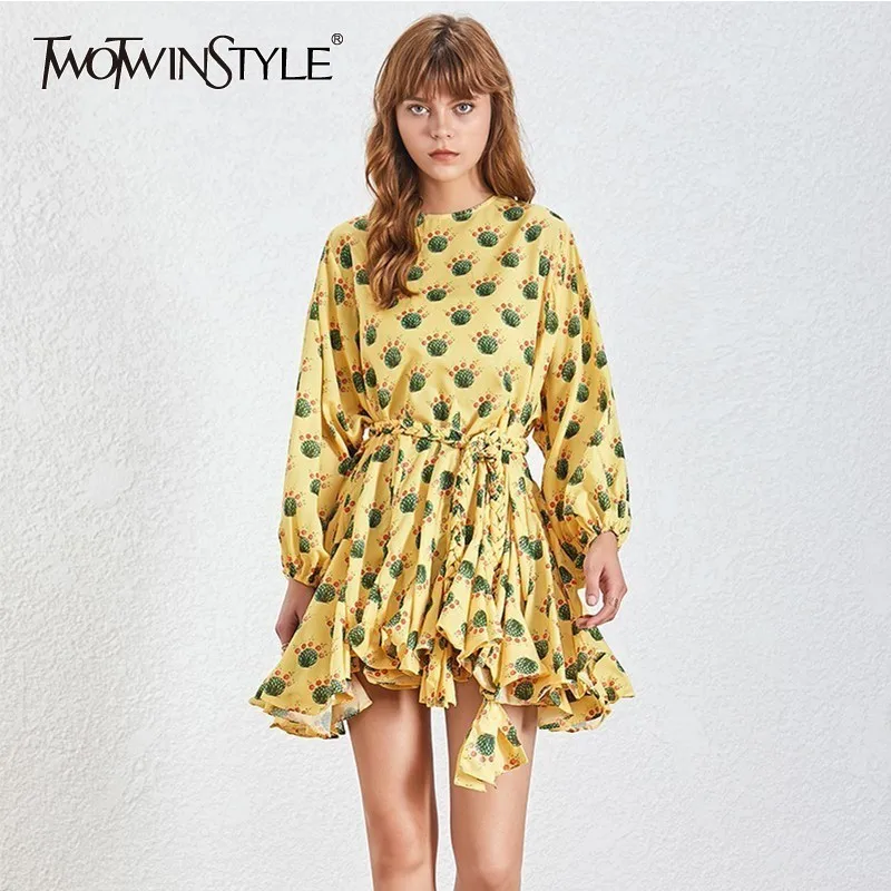 

TWOTWINSTYLE Vintage Hit Color Women Dress O Neck Long Sleeve High Waist Tassel Bandage Mini Dresses Female Fashion 2019 Spring
