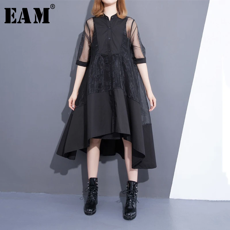 

[EAM] 2019 New Summer Stand Collar Three-quarter Sleeve Black Oragnza Mesh Stitch Loose Two Piece Dress Women Fashion T456