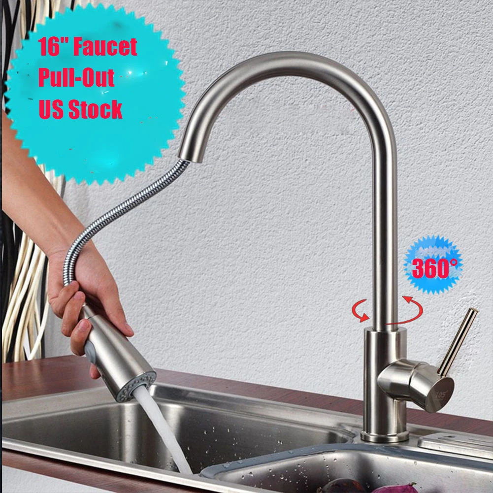 

Mixer Single Hole Durable Tap Spray Stream Sprayer Rotation Kitchen Faucet Pull Out Handle Swivel Sink Brushed Nickel