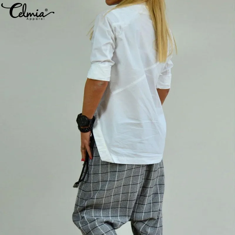 Cena Celmia Vintage kobiety popy i bluzki długi guzik na rękawie w dół retro koszule luźne dorywczo jednolite, asymetryczne obszycie Blusas Plus rozmiar