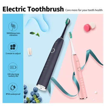 

Electric Toothbrush 3D Soundwave Vibration Rechargeable Electric Toothbrush 5 Modes IPX8 Waterproof with 2 Replacement Brush