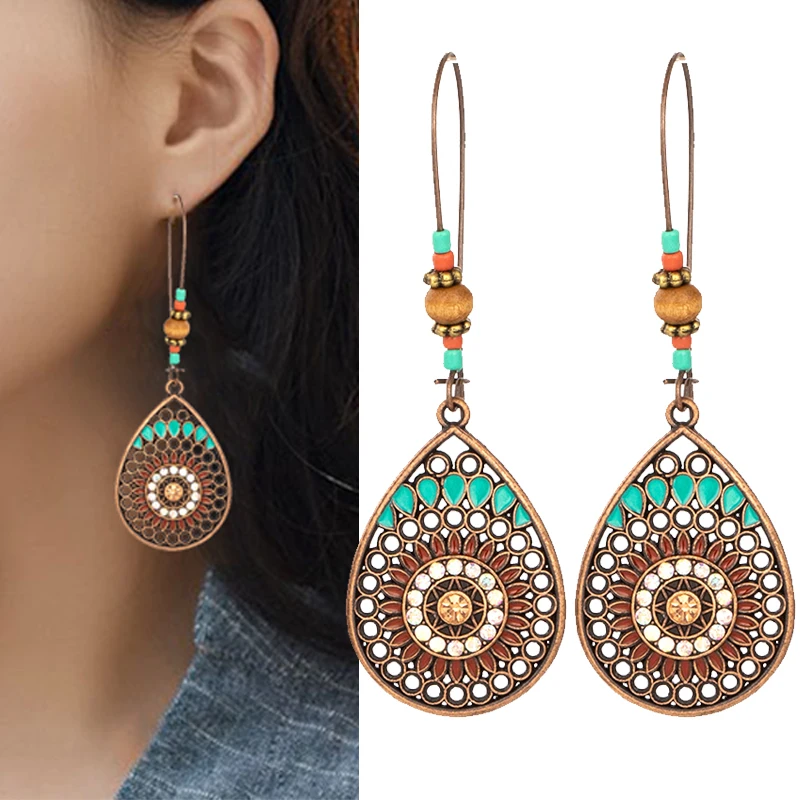 

2018 New 1Pair Unique Water Drop India Ethnic Girls Drop Earring Graceful Hollow Out Boho Wedding Party Jewelry Accessories