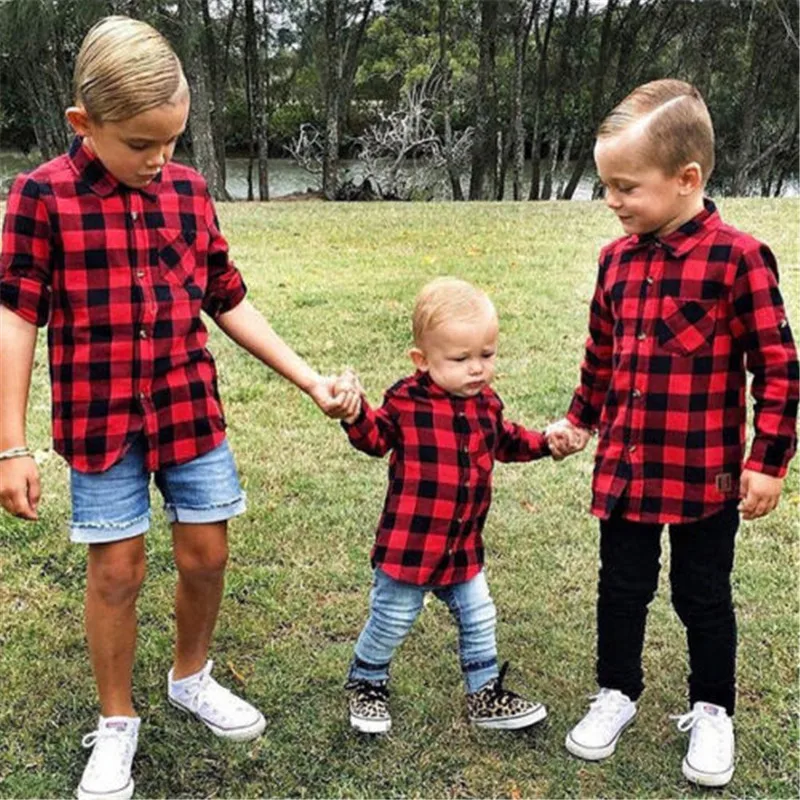 Модные детские рубашки для маленьких мальчиков и девочек, красная клетчатая рубашка с длинными рукавами, топы, модная детская блузка, От 1 до 7 лет