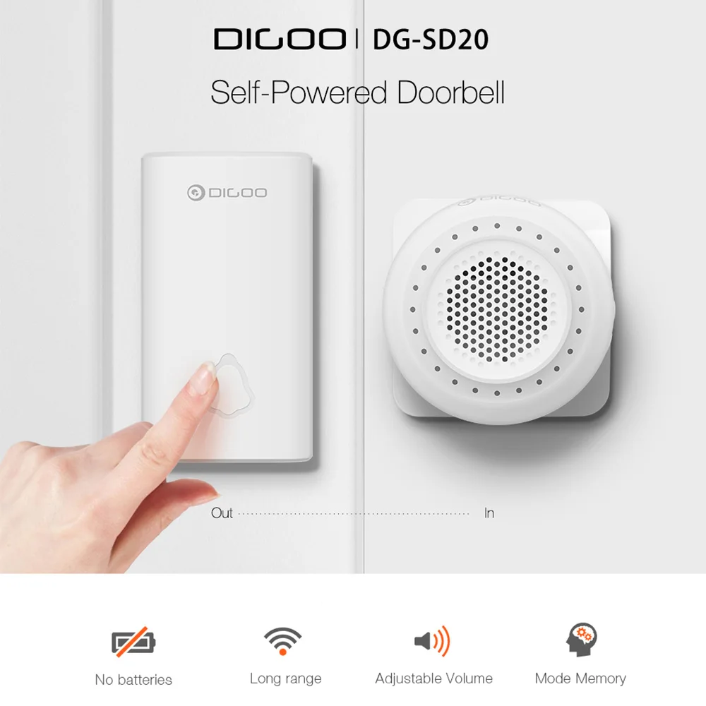 

DIGOO DG-SD20 433MHz Wireless Self-powered Waterproof No battery Volume Adjustable Doorbell for Smart Home Security Indoor