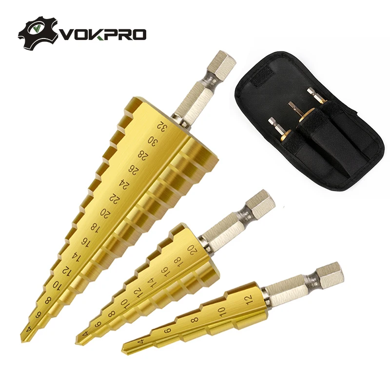 

3pc Step Drill Bit Hss Titanium Coated Step Cone Metal Hole Cutter 4-12/20/32mm Metal Hex Tapered Drill Power Tools Accessories