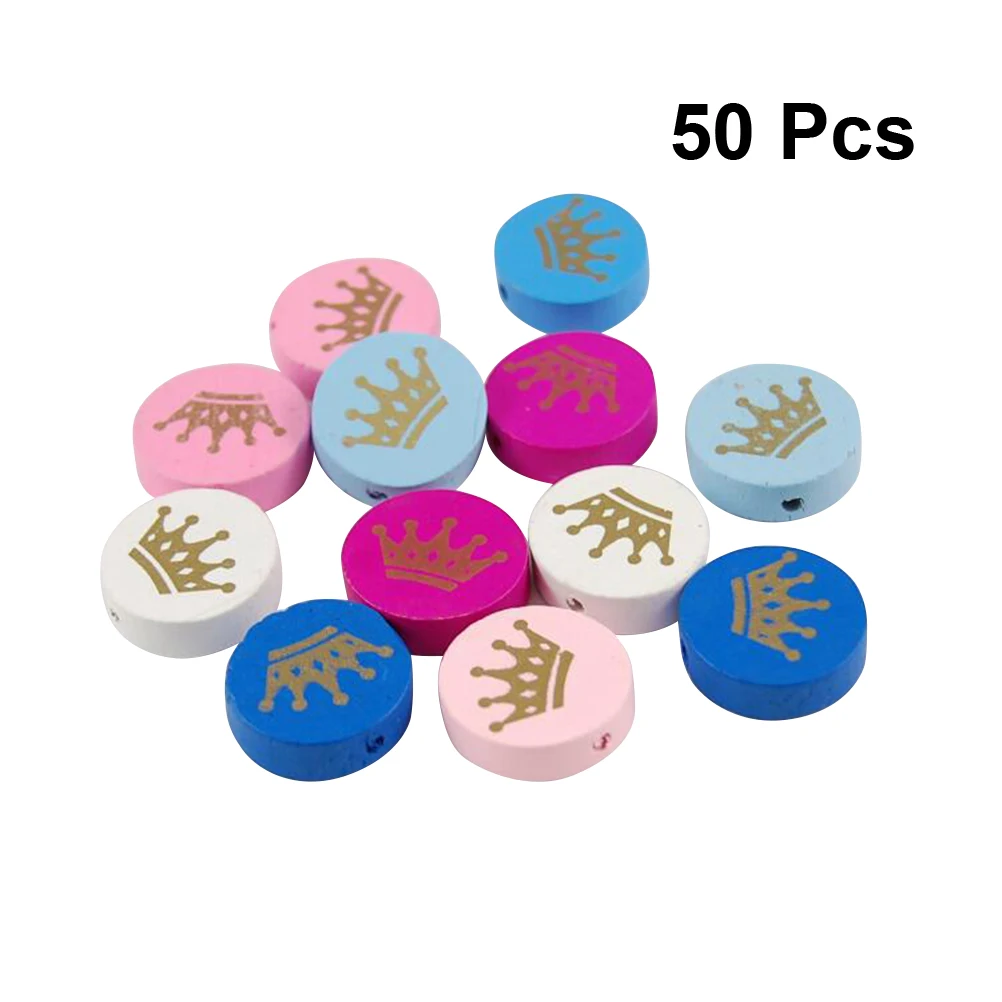 

50pcs Crown Round Educational Painted Wooden DIY Mixed Colors Beads Slices for Craft Necklace Kids Jewelry Bracelet