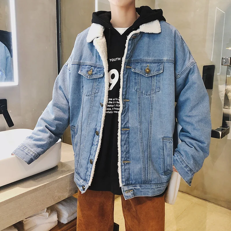 

New Winter Men's Cotton Denim Jacket M-XL Thick Casual Solid Color Personality Fashion Loose Long-sleeved Cotton Polyester