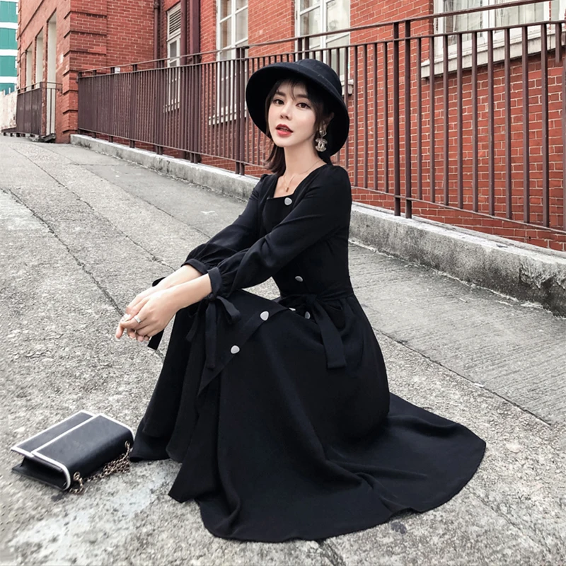 

Fashion Korean Square Collar Women Dress Casual Bow Long Sleeves A-line Female Dress Vintage Knee-length Spring Autumn Dress