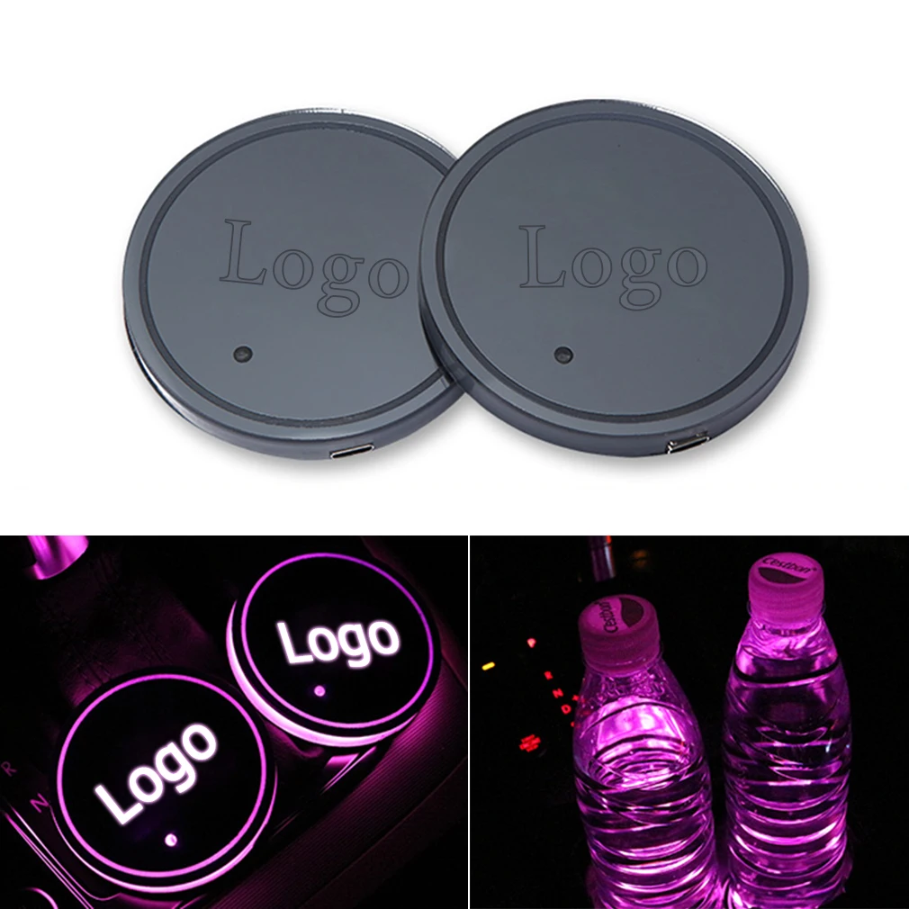 

2Pcs LED Cup Holder Pads Light Mats Bottle Coasters 7 Colors Car Logo LED Atmosphere Light New Desing