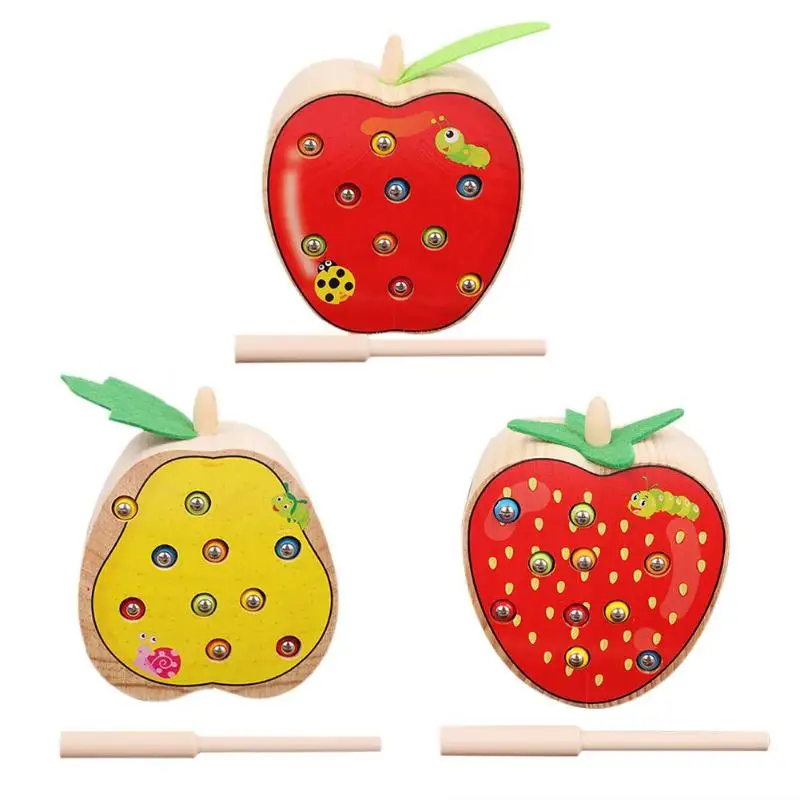 

Baby Wooden Toys 3D Puzzle Early Childhood Educational Toys Catch Worm Game Color Cognitive Magnetic Strawberry Apple