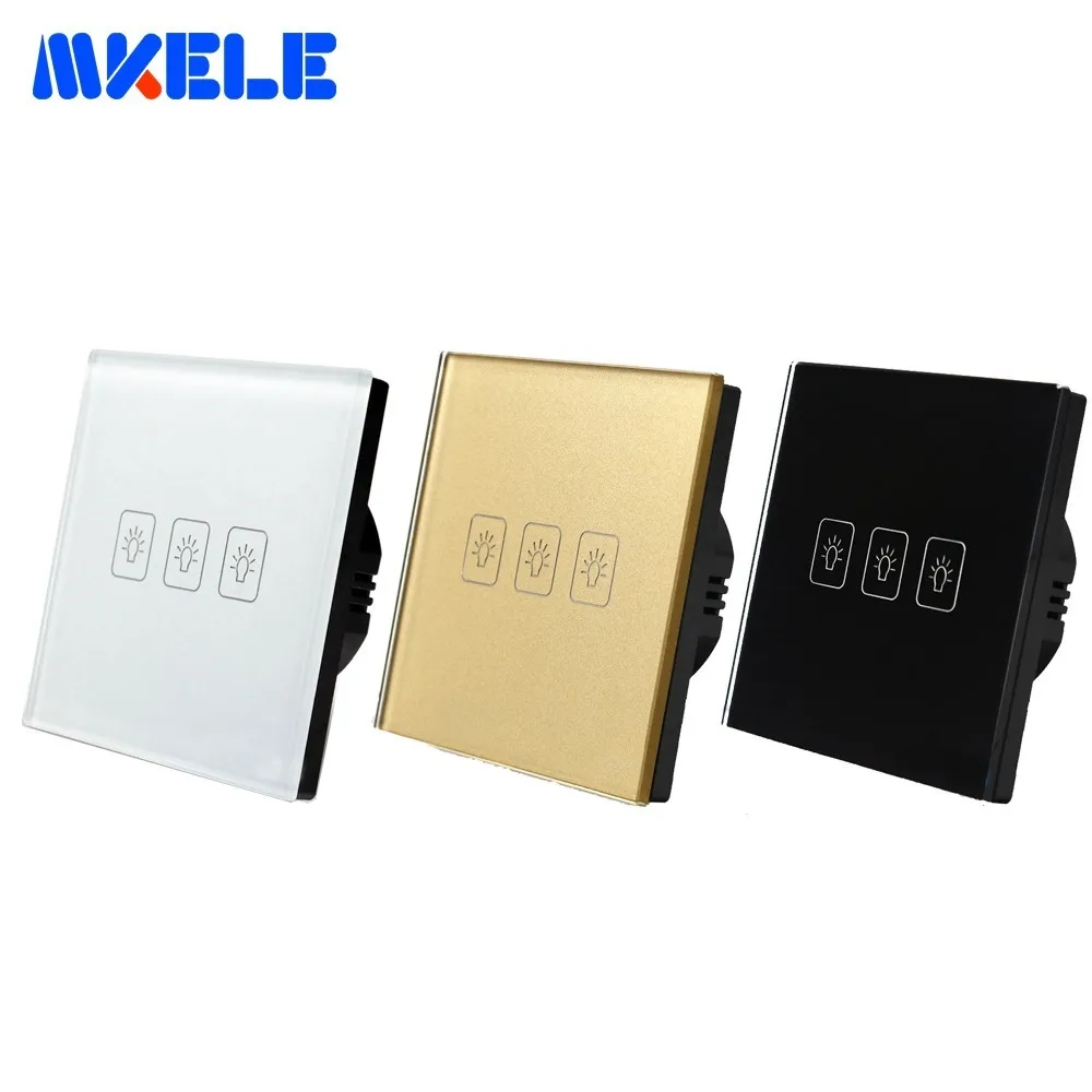 

Touch Switch Crystal Glass Panel EU Standard 3 Gang 2 Way Touch Screen Wall Switch For Home White Black Gold Color For Choose