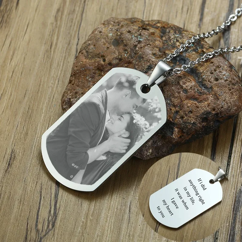 

Photo Engraved Personalized Dog Tag Pendant Necklace Optional message on back Groom Husband Boyfriend Gift for Him