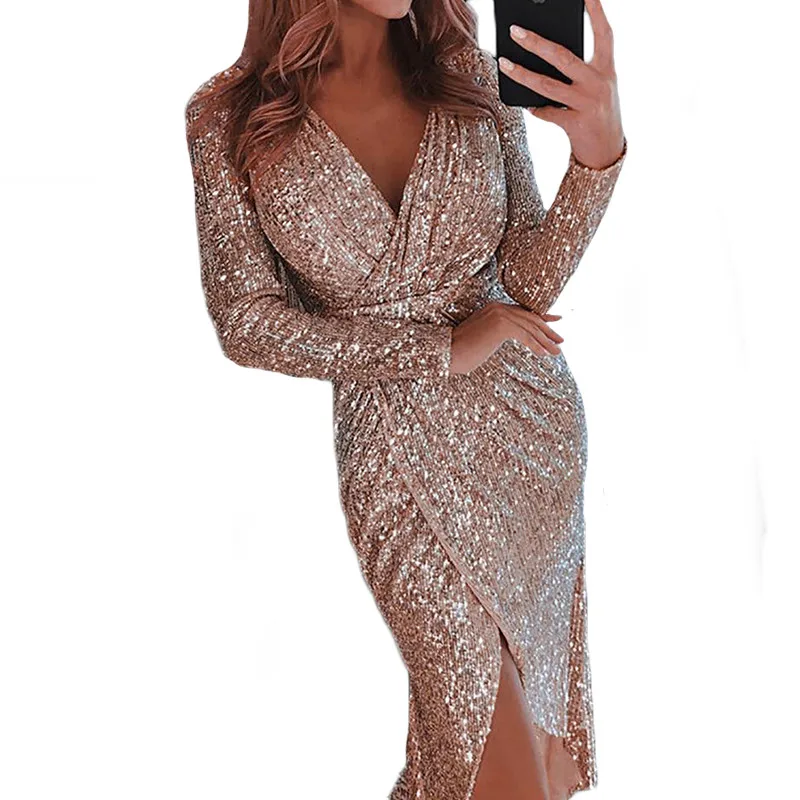 

Sequins Summer Autumn Party Dress Slim Fashion women lady Deep V Sexy Irregular dresses Split Clubwear Clothes 2019 Female S~XL