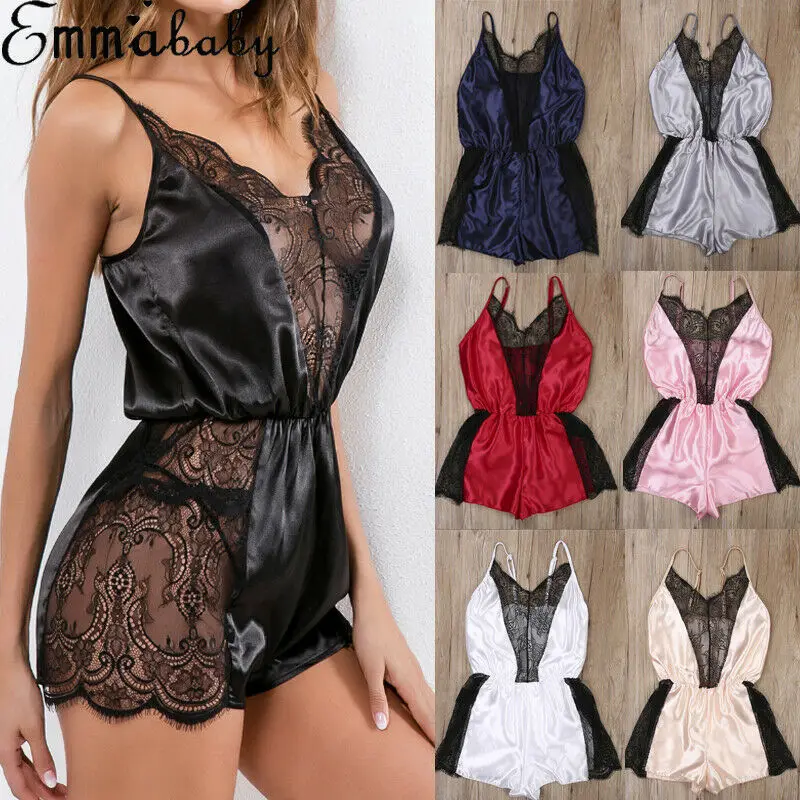 

2019 NEW Women Babydoll Sexy One Piece Pajamas Lingerie Hollow Lace Patchwork Sleeveless V-Neck Bodysuit Nightwear