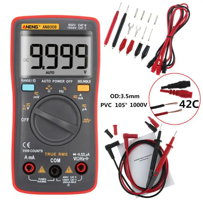 AN8008 RMS цифровой мультиметр 9999 отсчетов квадратная волна подсветка AC DC Напряжение Амперметр Ток Ом Авто/ручной