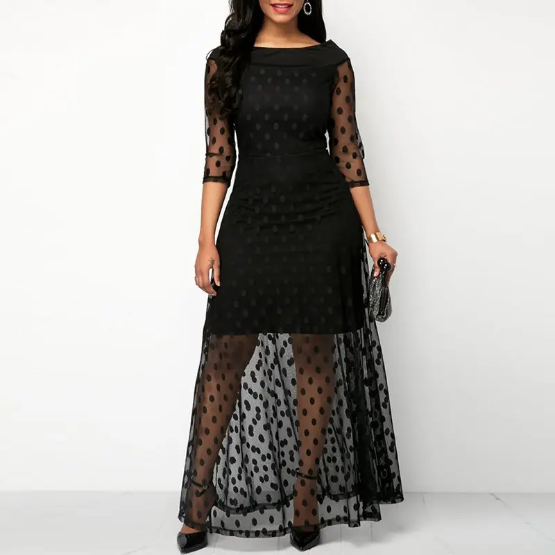 

Maxi Dresses Vintage Elegant Women Office Lady Black Sexy Lace Mesh Polka Dots Summer Party Female Fashion New Retro Long Dress