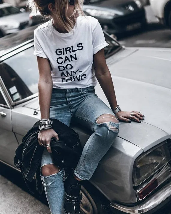 

Girls can do anything feministe women tshirt slogan t shirt 90s independent girl fashion tee round neck t shirt-J069