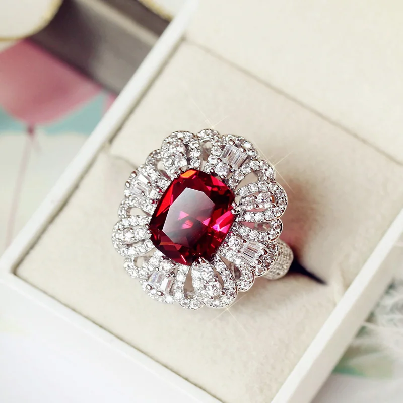 

Fashion Luxury Vintage Square Rose Red Stone Big Ring Hollow micro Cubic zirconia Pave Setting Surround Women Jewelry Accessory