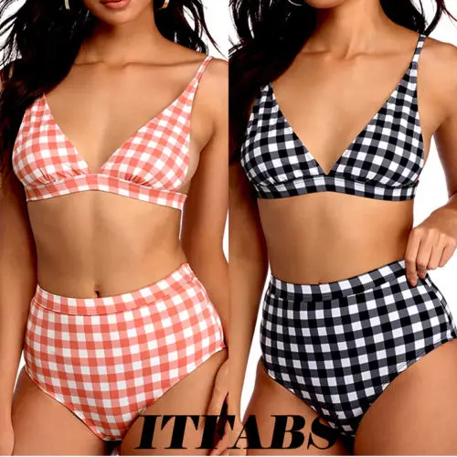

Women Plaid High Waist Push-up Padded Bra Bandage Bikini Set Swimsuit Swimwear Bathing Suit Swimming Suit