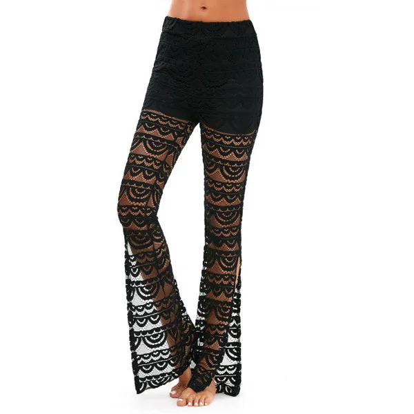 

2018 Hot Sexy Lace Pants Mid Women's Perspective Hollow Out Black Flare Pants Bell Bottom Elastic Waist Trousers