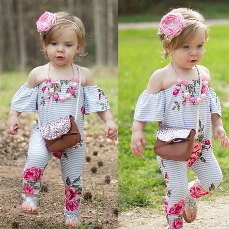 Infant Baby Girl Summer Off Shoulder Romper Jumpsuit Headband Outfit Clothes Set