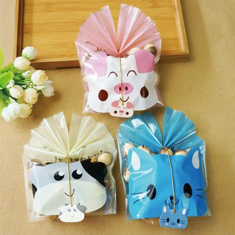 

50pcs wedding birthday party supply candy bag pink plastic gift bag christmas food treat bag cartoon cookie biscuit bag