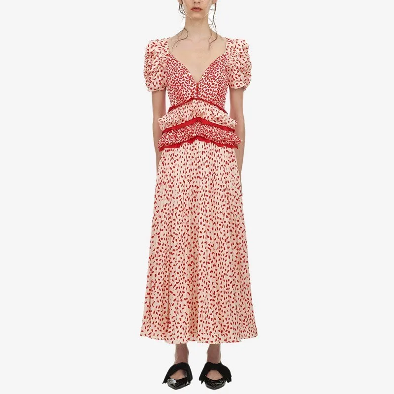 

2019 summer dress Print Long Dress Women Puff Sleeve V-neck High Waist Ruffles Sexy Split Chiffon Pleated vestidos robe femme