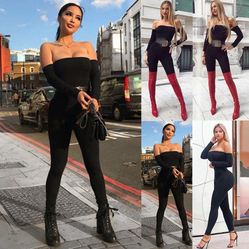 

Fashion Women's Sexy Off Shoulder Solid Stretch Jumpsuit Ladies Evening Party Cool Jumpsuit