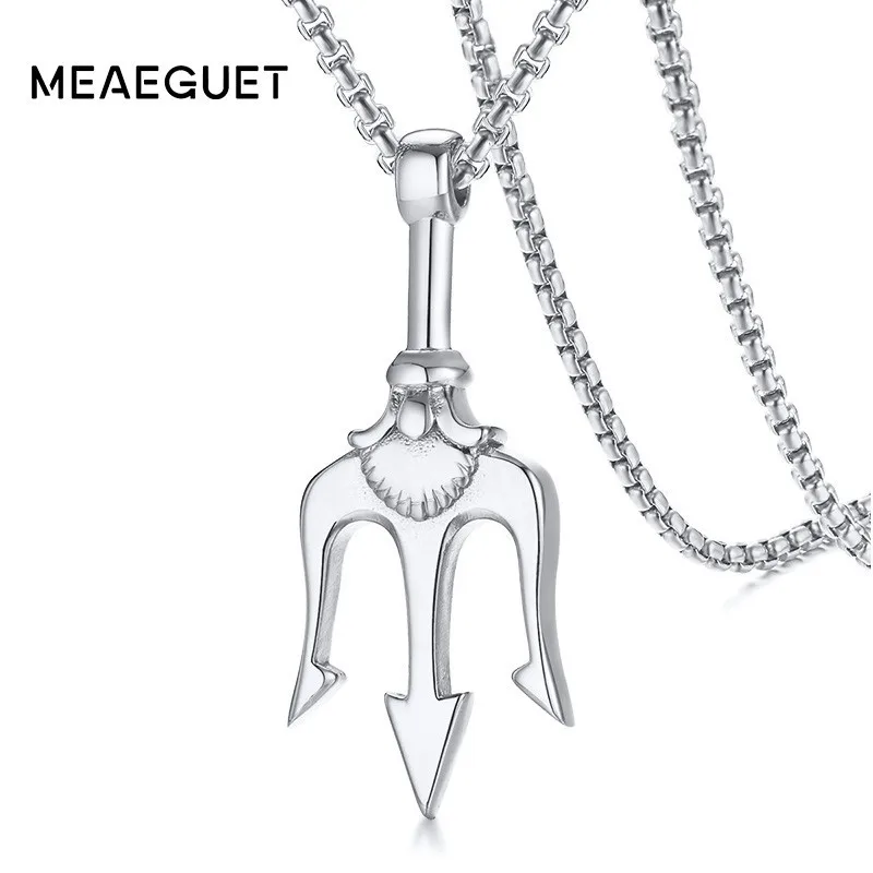 

Punk Poseidon Trident Necklace Men Pendant Stainles Steel Silver Tone Pirate Fantasy Amulet Sailor's Amulet Jewelry 24inch Chain